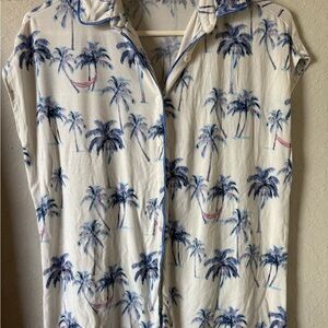 Soma White Button-Down Shirt with Blue Palm Print and Pink Hammocks